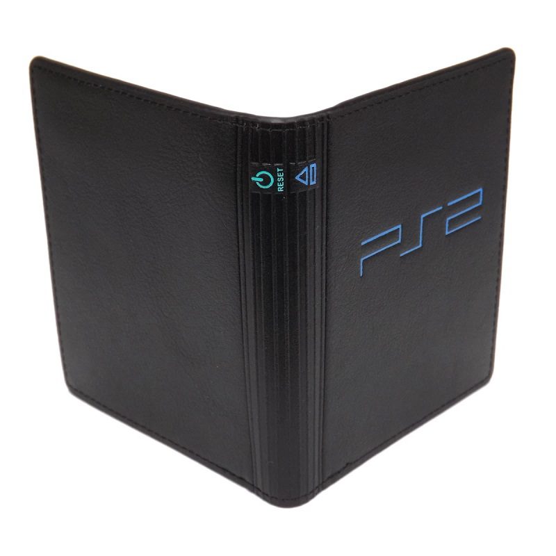 Black wallet with PlayStation 2 logo on a white background